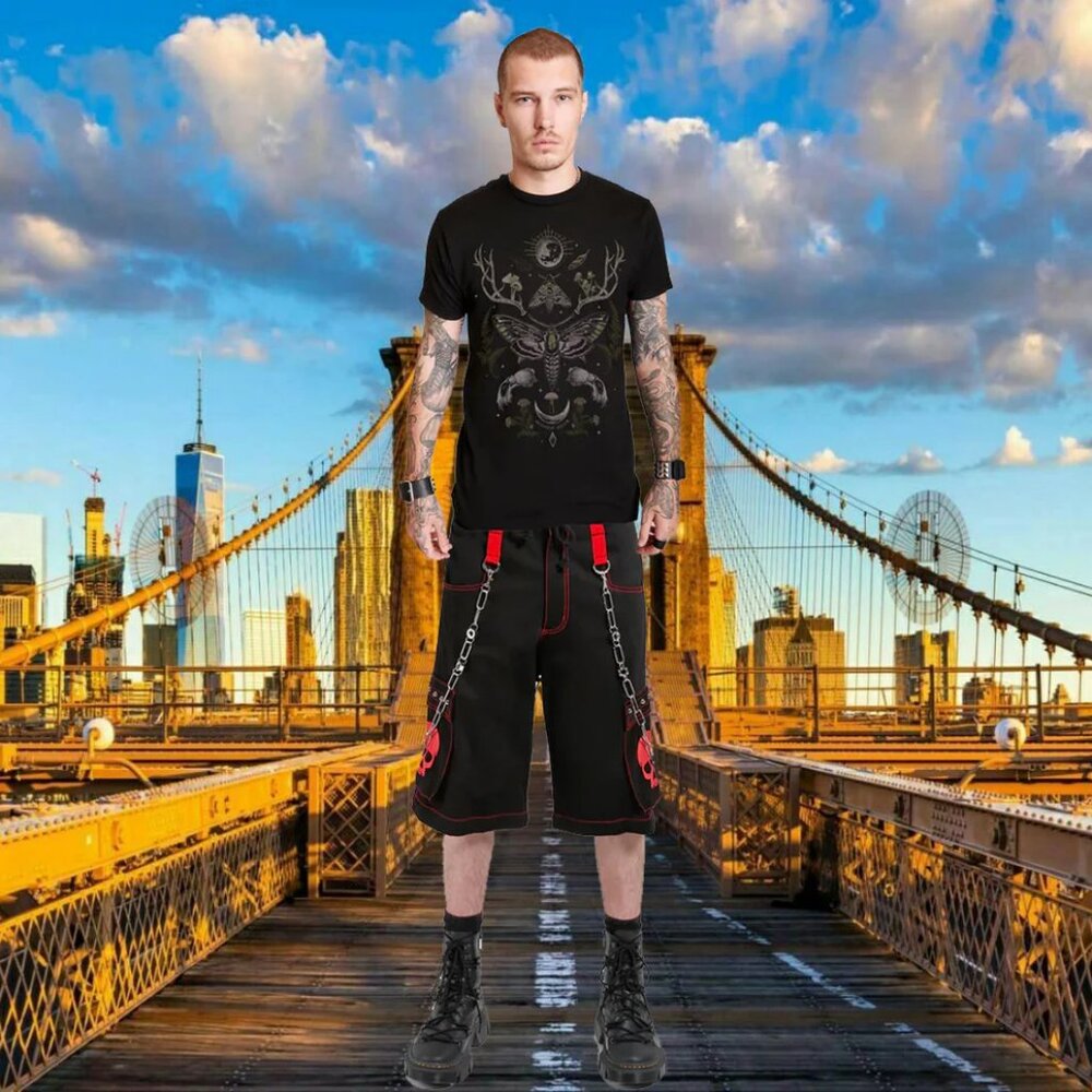 Gothic Bondage Red Skull Shorts Black Red Alternative Punk Rock Emo Shorts - Picture 4 of 7